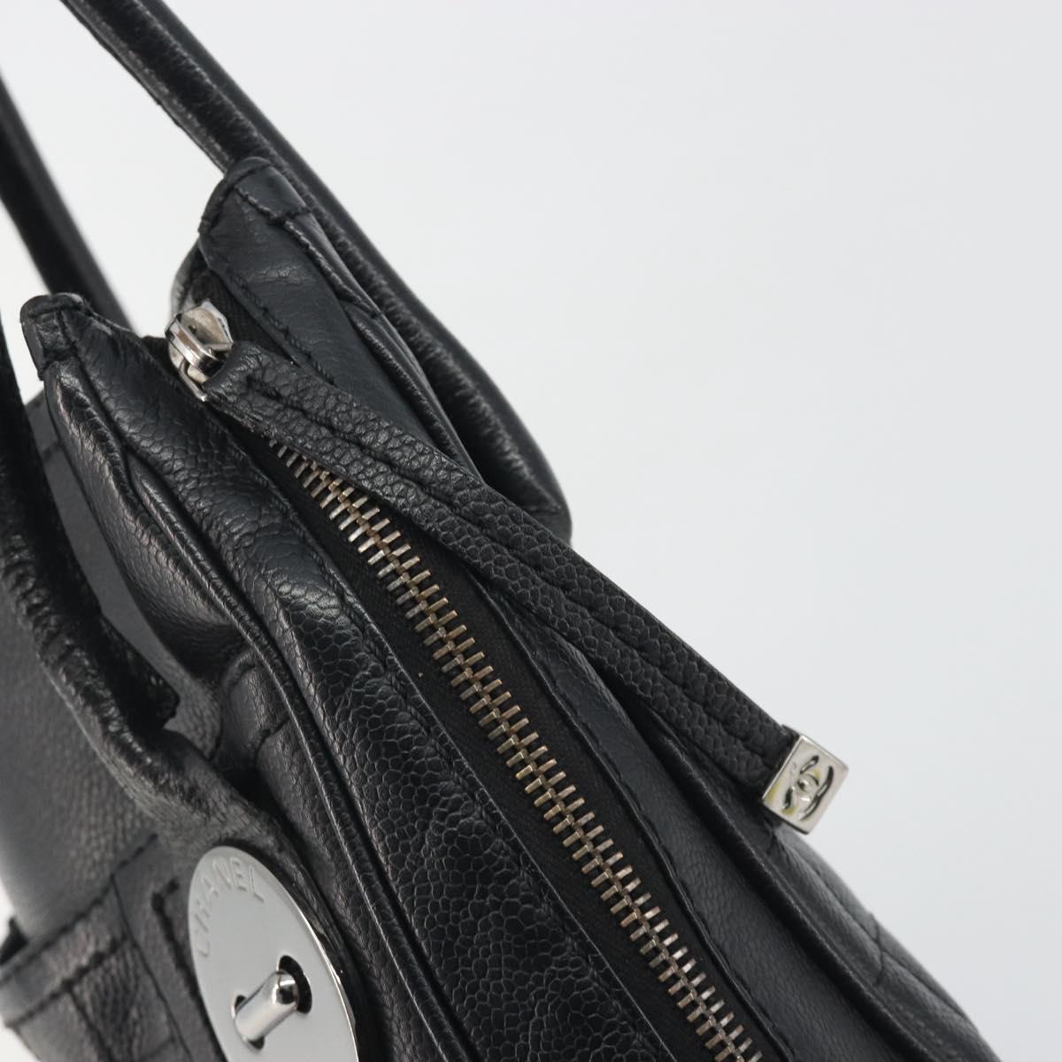 CHANEL Choco Bar Line Hand Bag Leather Black Silver CC Auth bs36617