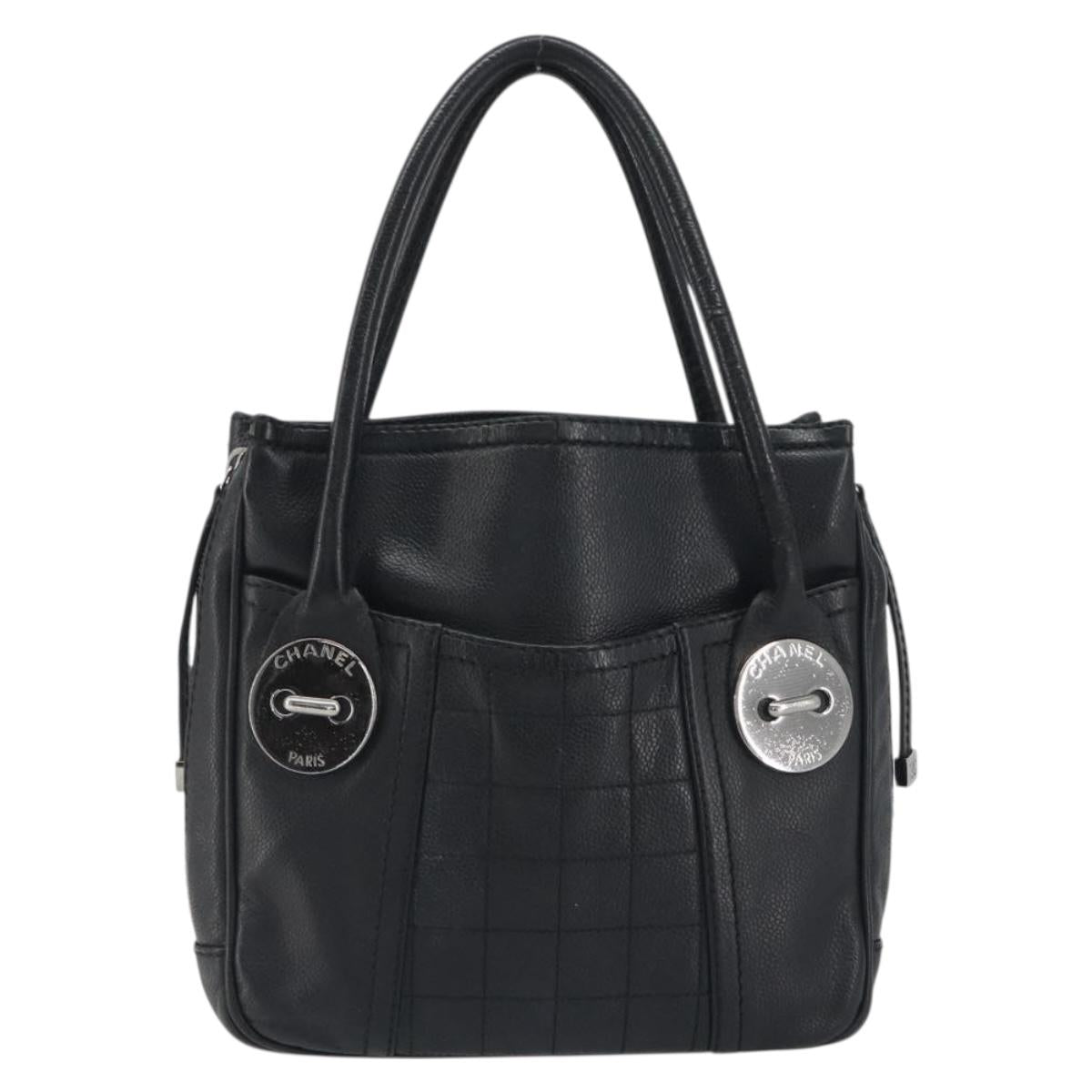 CHANEL Choco Bar Line Hand Bag Leather Black Silver CC Auth bs36617