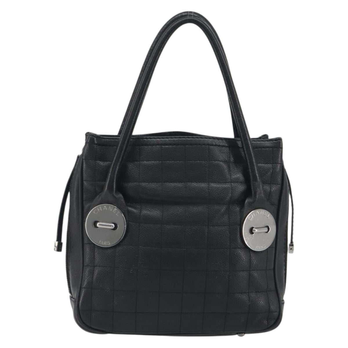 CHANEL Choco Bar Line Hand Bag Leather Black Silver CC Auth bs36617