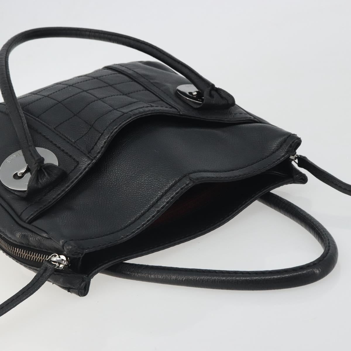 CHANEL Choco Bar Line Hand Bag Leather Black Silver CC Auth bs36617