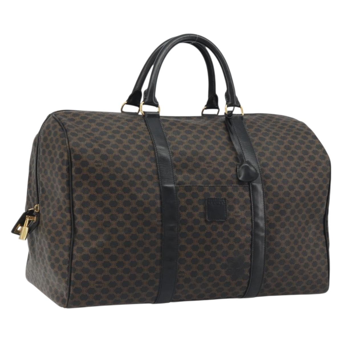 CELINE Macadam Canvas Boston Bag PVC Leather Black Gold Auth bs36619A