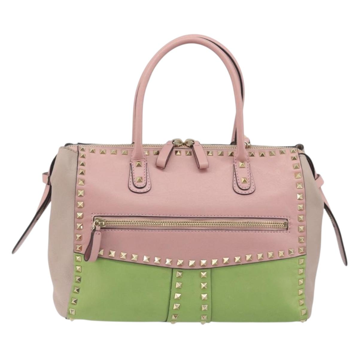 VALENTINO Rock Studs Hand Bag Leather 2way Pink Gold Auth bs36628A