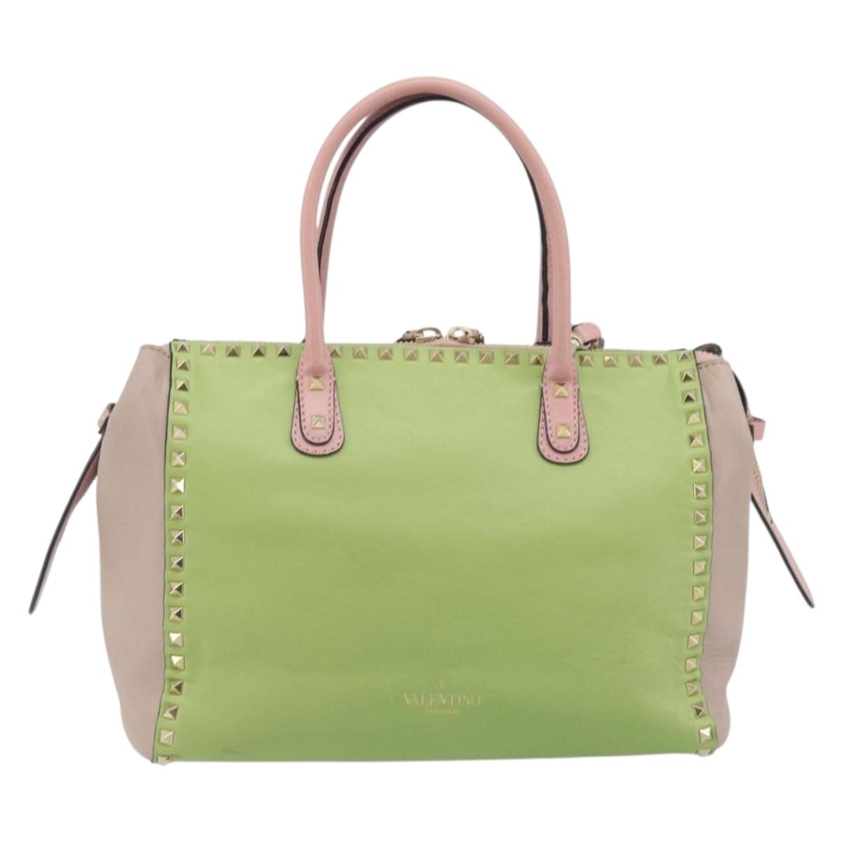 VALENTINO Rock Studs Hand Bag Leather 2way Pink Gold Auth bs36628A