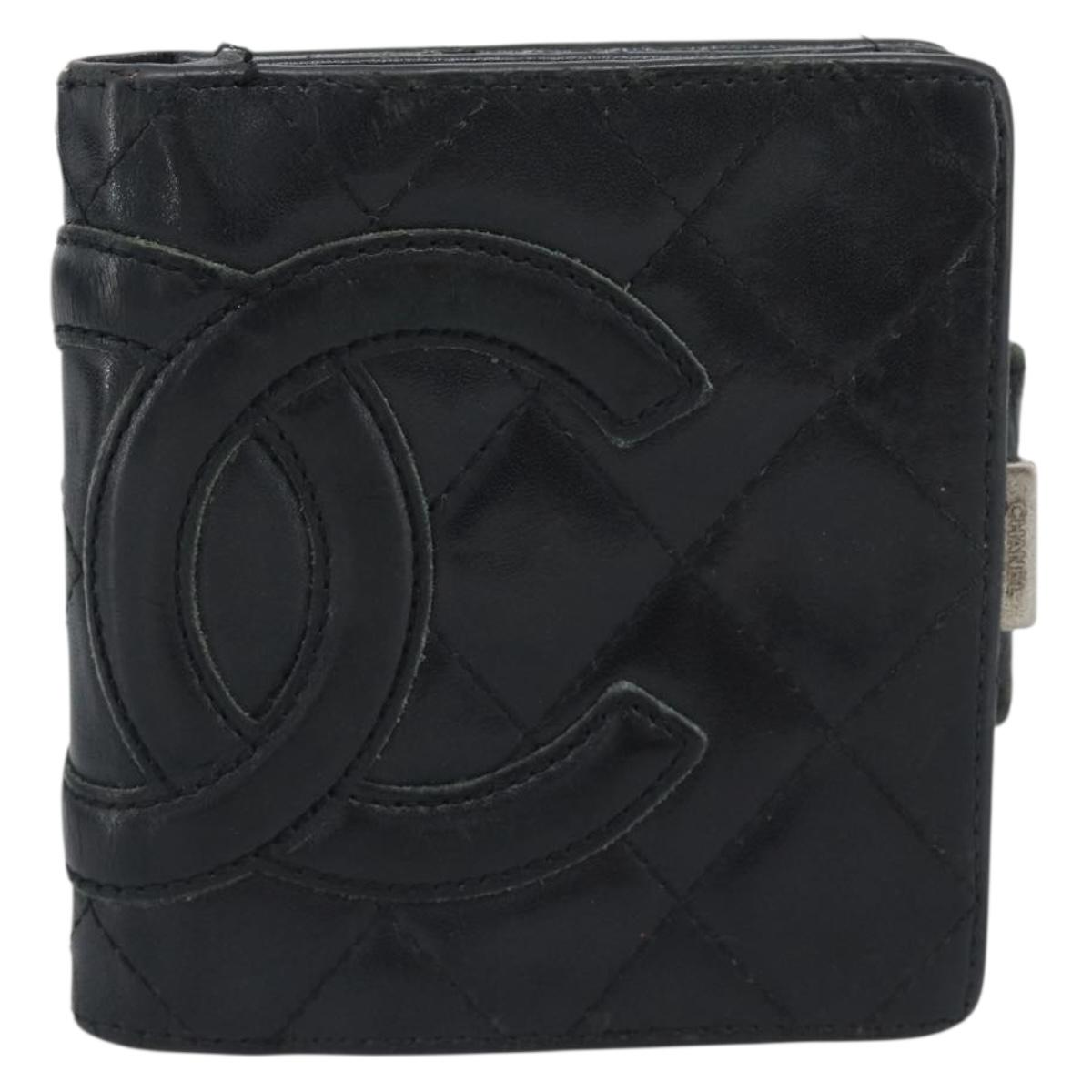CHANEL Matelasse Cambon Line Wallet Lamb Skin Black CC Auth bs36633