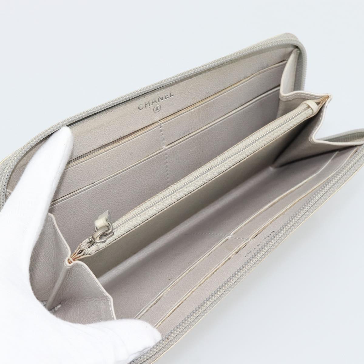 CHANEL Long Wallet Leather Ivory Silver CC Auth bs36634