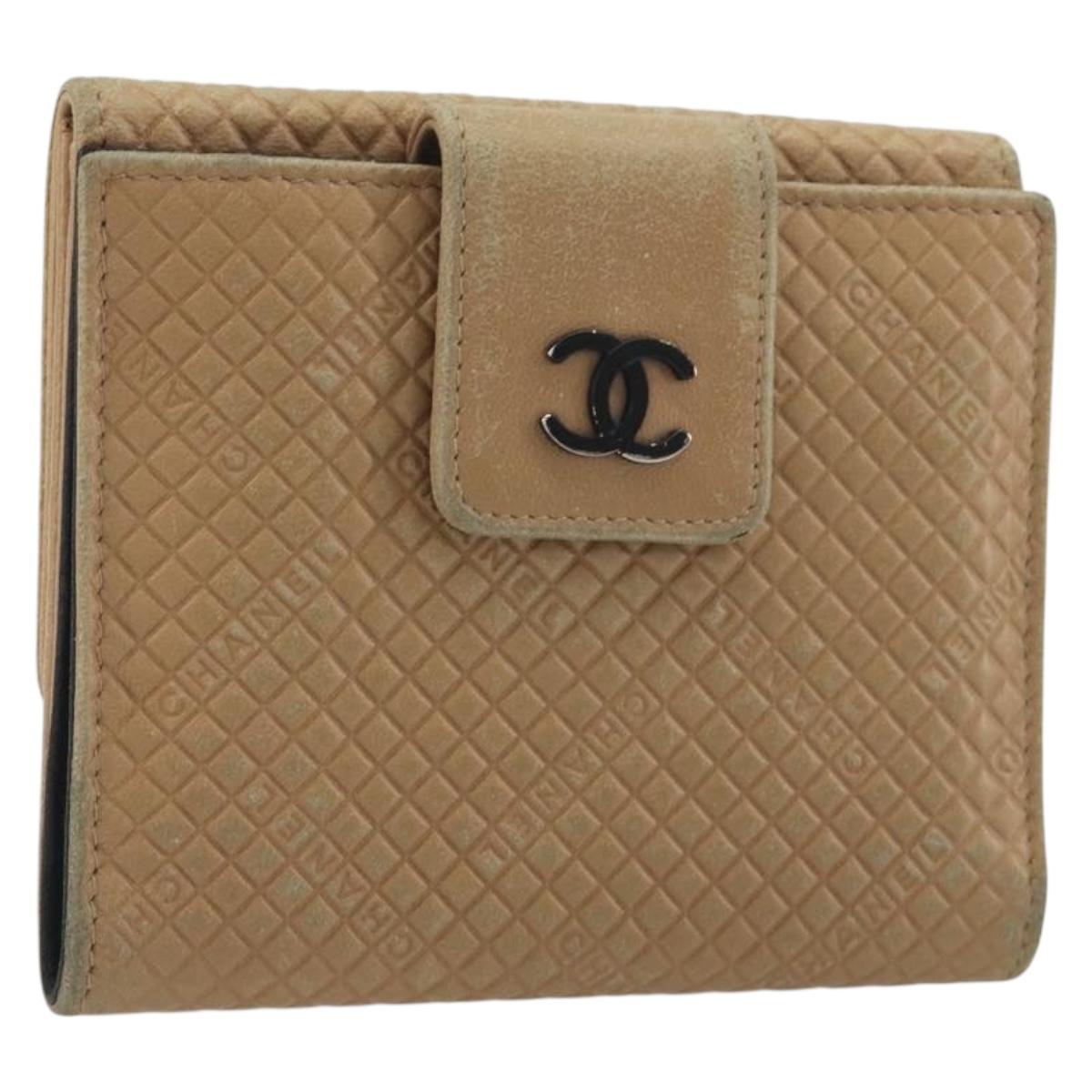 CHANEL Choco Bar line Wallet Leather Beige CC Auth bs36636