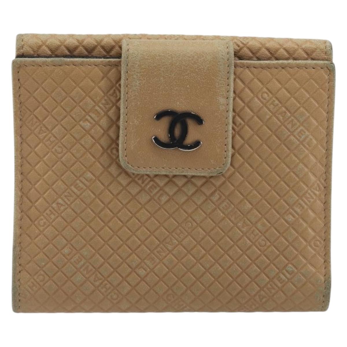 CHANEL Choco Bar line Wallet Leather Beige CC Auth bs36636