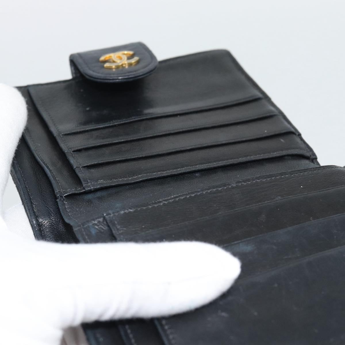 CHANEL Bicolore Bifold Wallet Lamb Skin Black CC Auth bs36637
