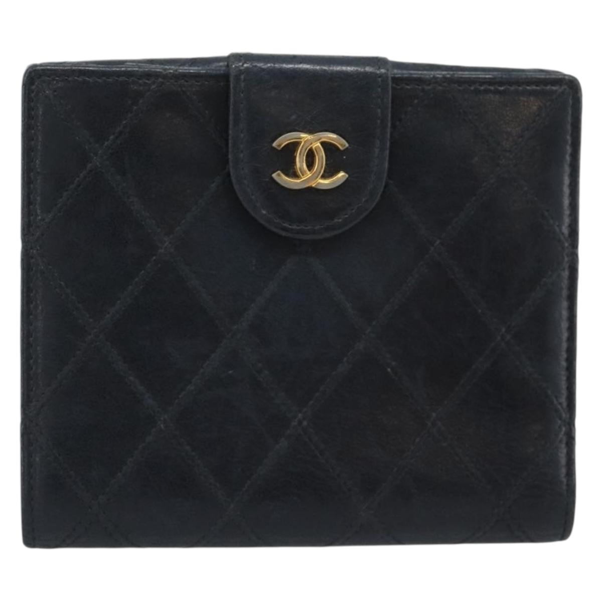 CHANEL Bicolore Bifold Wallet Lamb Skin Black CC Auth bs36637