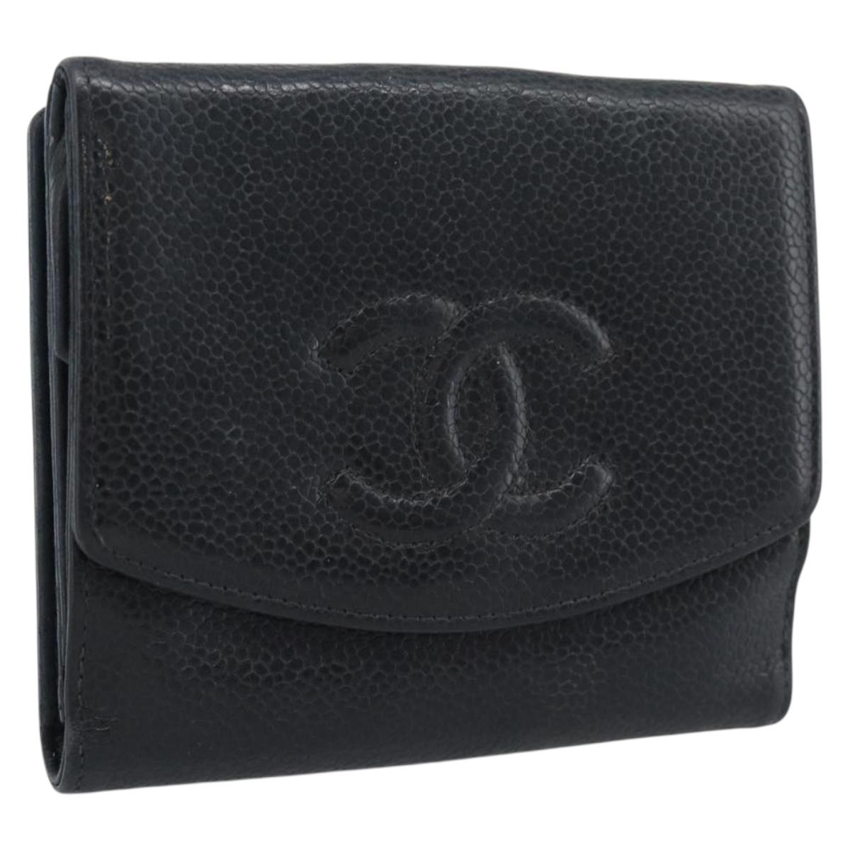 CHANEL COCO Mark Bifold Wallet Caviar Skin Black Gold CC Auth bs36638
