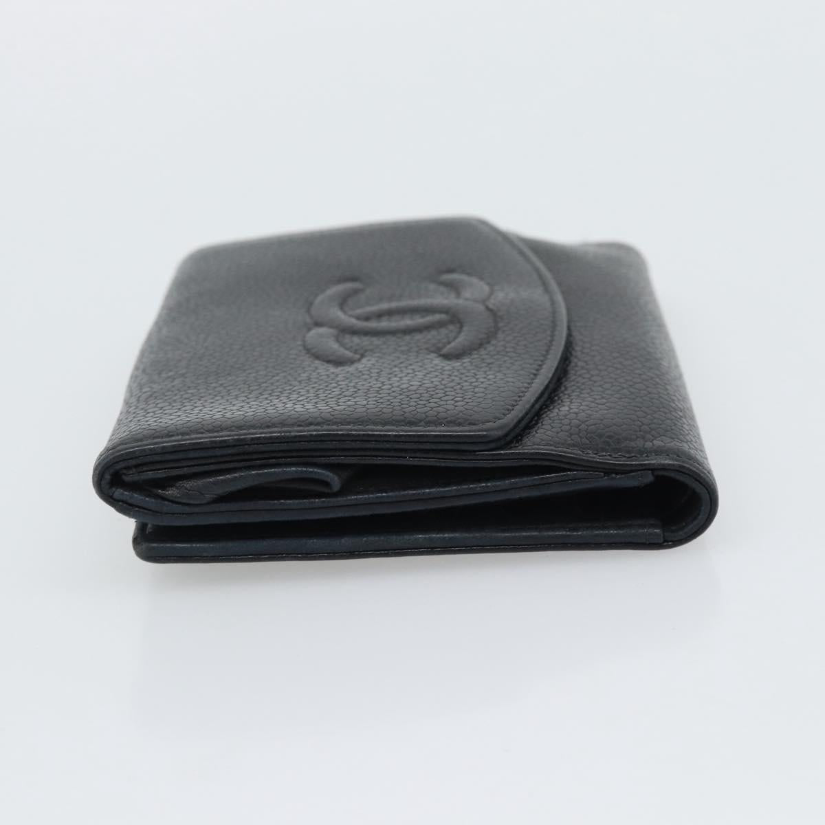 CHANEL COCO Mark Bifold Wallet Caviar Skin Black Gold CC Auth bs36638