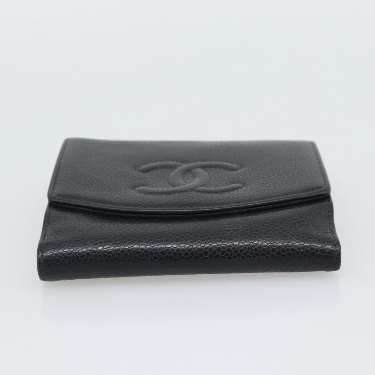CHANEL COCO Mark Bifold Wallet Caviar Skin Black Gold CC Auth bs36638