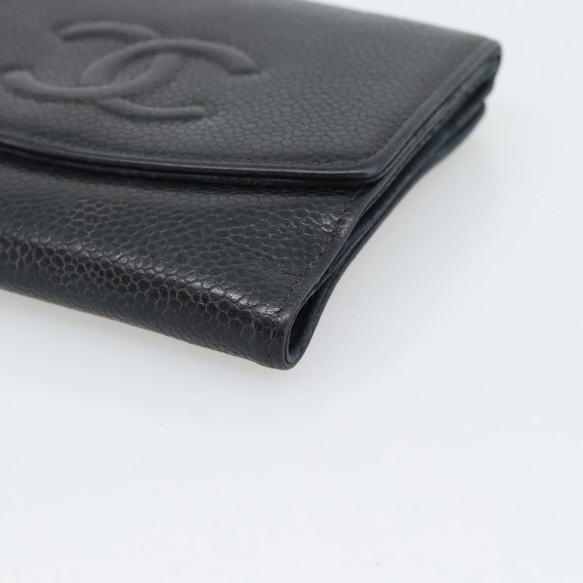 CHANEL COCO Mark Bifold Wallet Caviar Skin Black Gold CC Auth bs36638