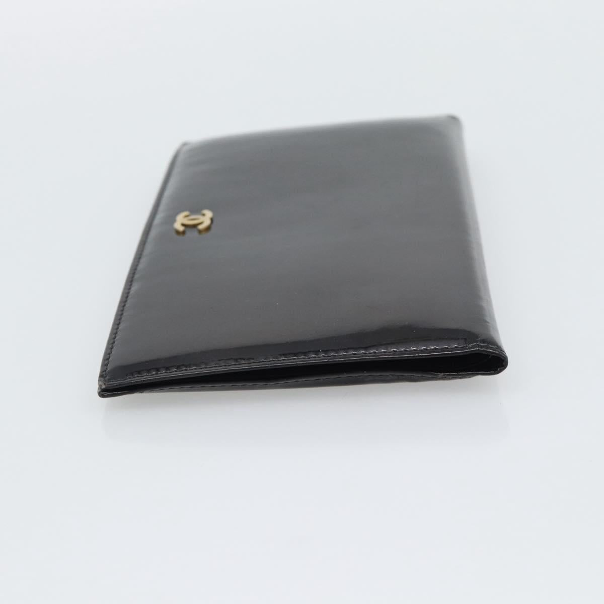 CHANEL Long Wallet Patent leather Black Gold CC Auth bs36639