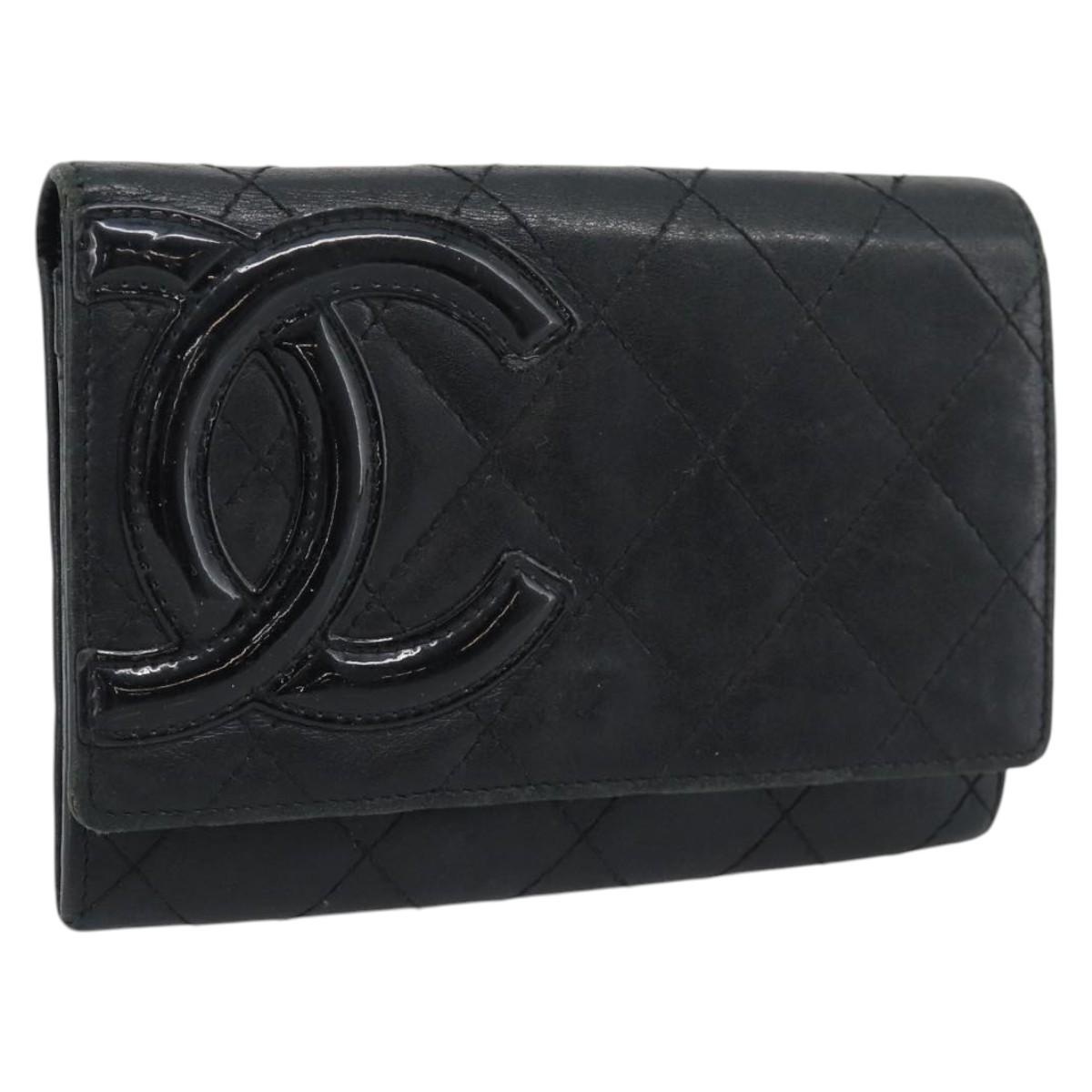 CHANEL Matelasse Cambon Line Wallet Leather Black Silver CC Auth bs36640