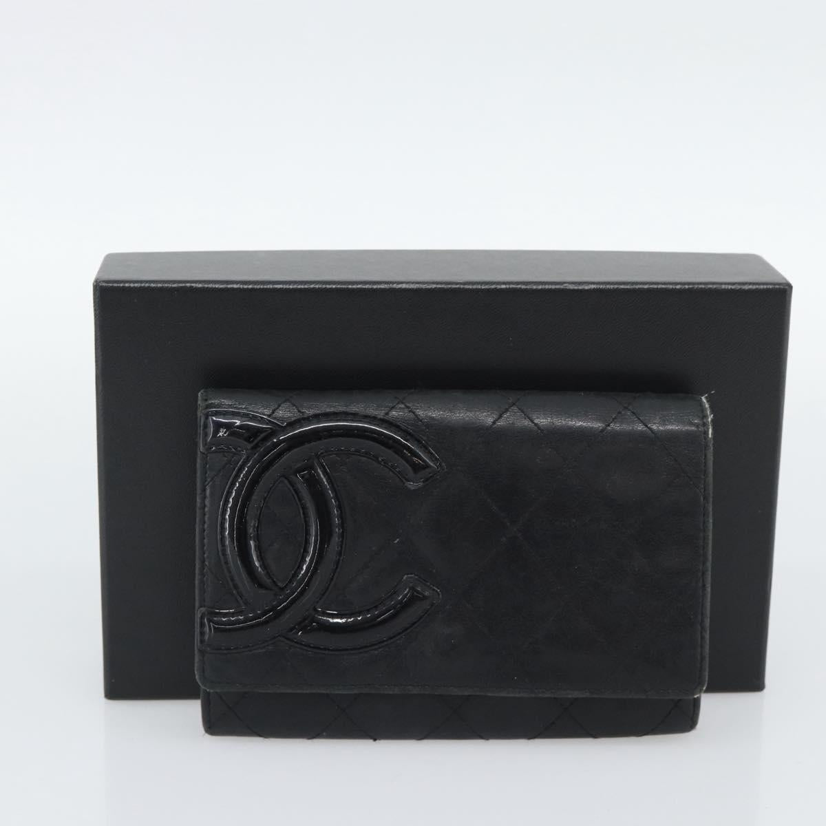CHANEL Matelasse Cambon Line Wallet Leather Black Silver CC Auth bs36640