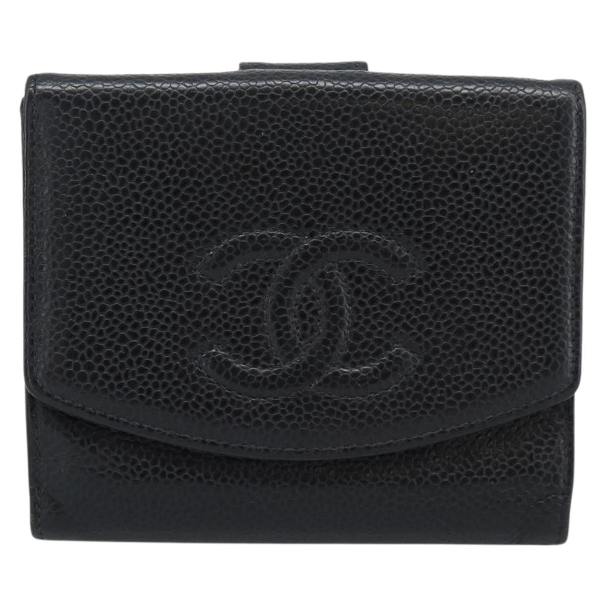 CHANEL COCO Mark Bifold Wallet Caviar Skin Black Gold CC Auth bs36643