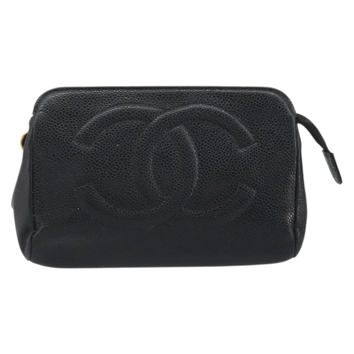 CHANEL COCO Mark Pouch Caviar Skin Black Gold CC Auth bs36652