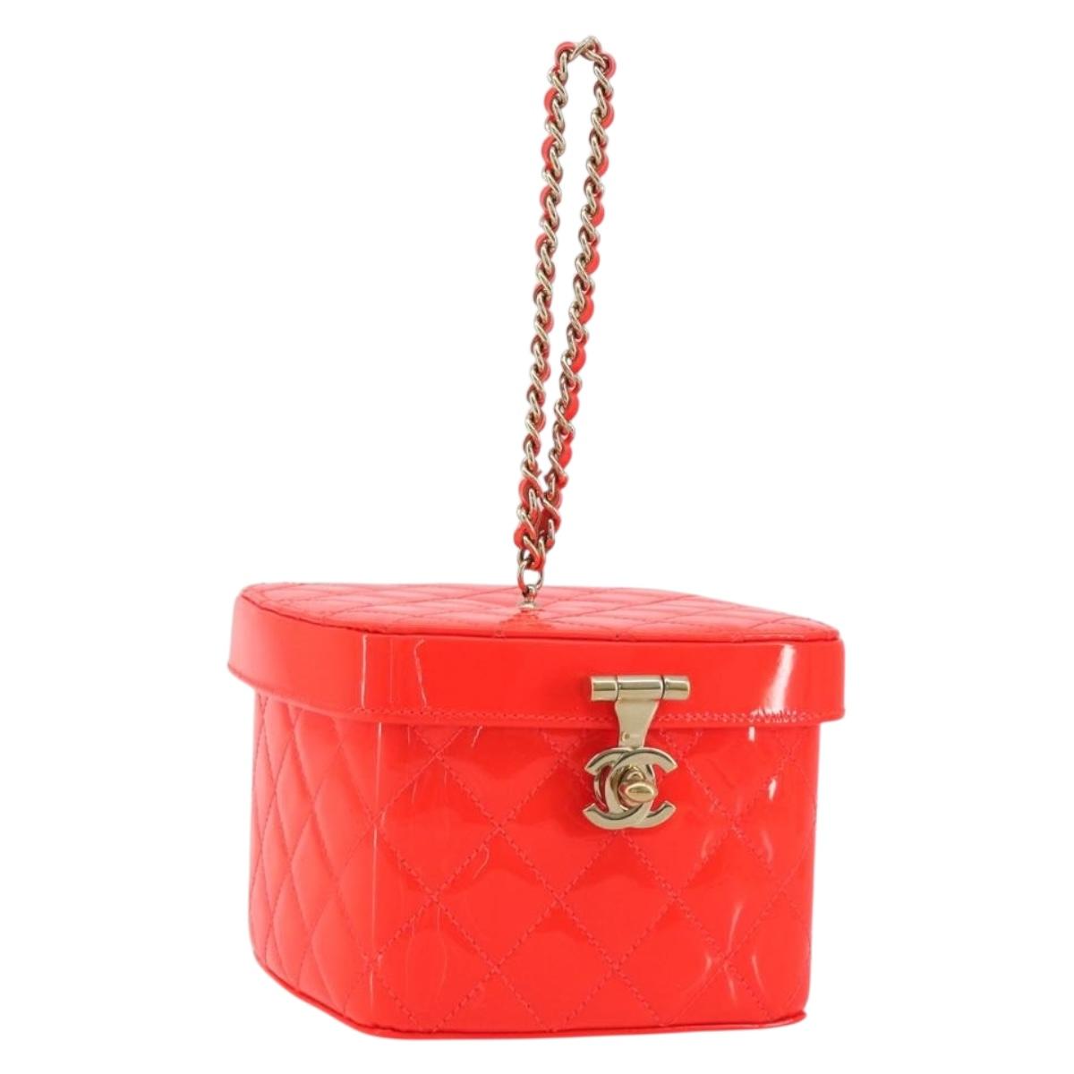 CHANEL Matelasse Vanity Hand Bag Patent leather Orange Gold CC Auth bs36656SAM