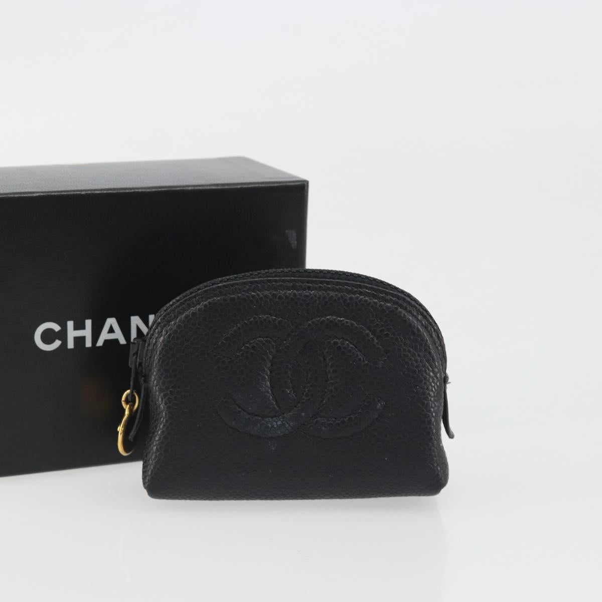 CHANEL COCO Mark Pouch Caviar Skin Black Silver CC Auth bs36657