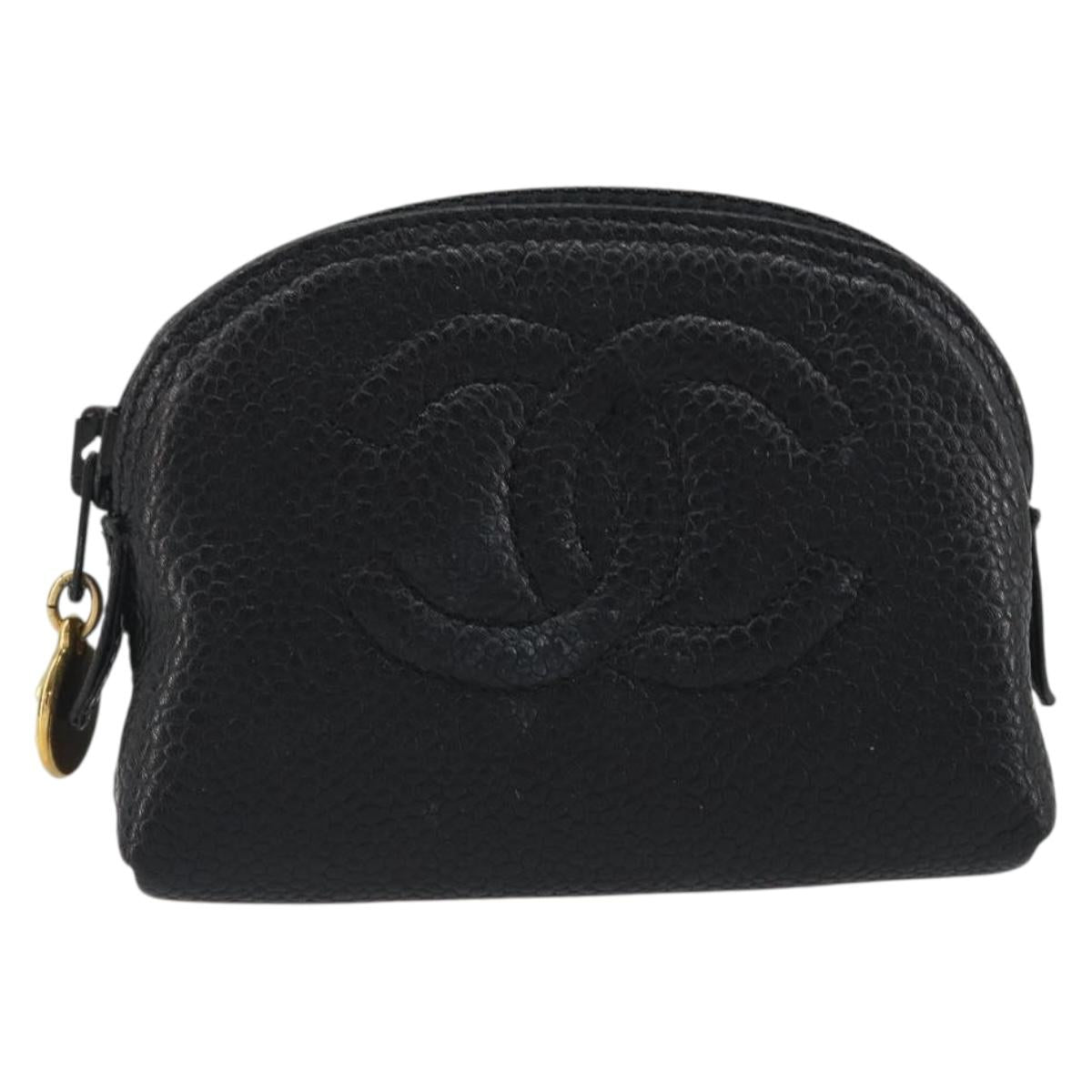 CHANEL COCO Mark Pouch Caviar Skin Black Silver CC Auth bs36657