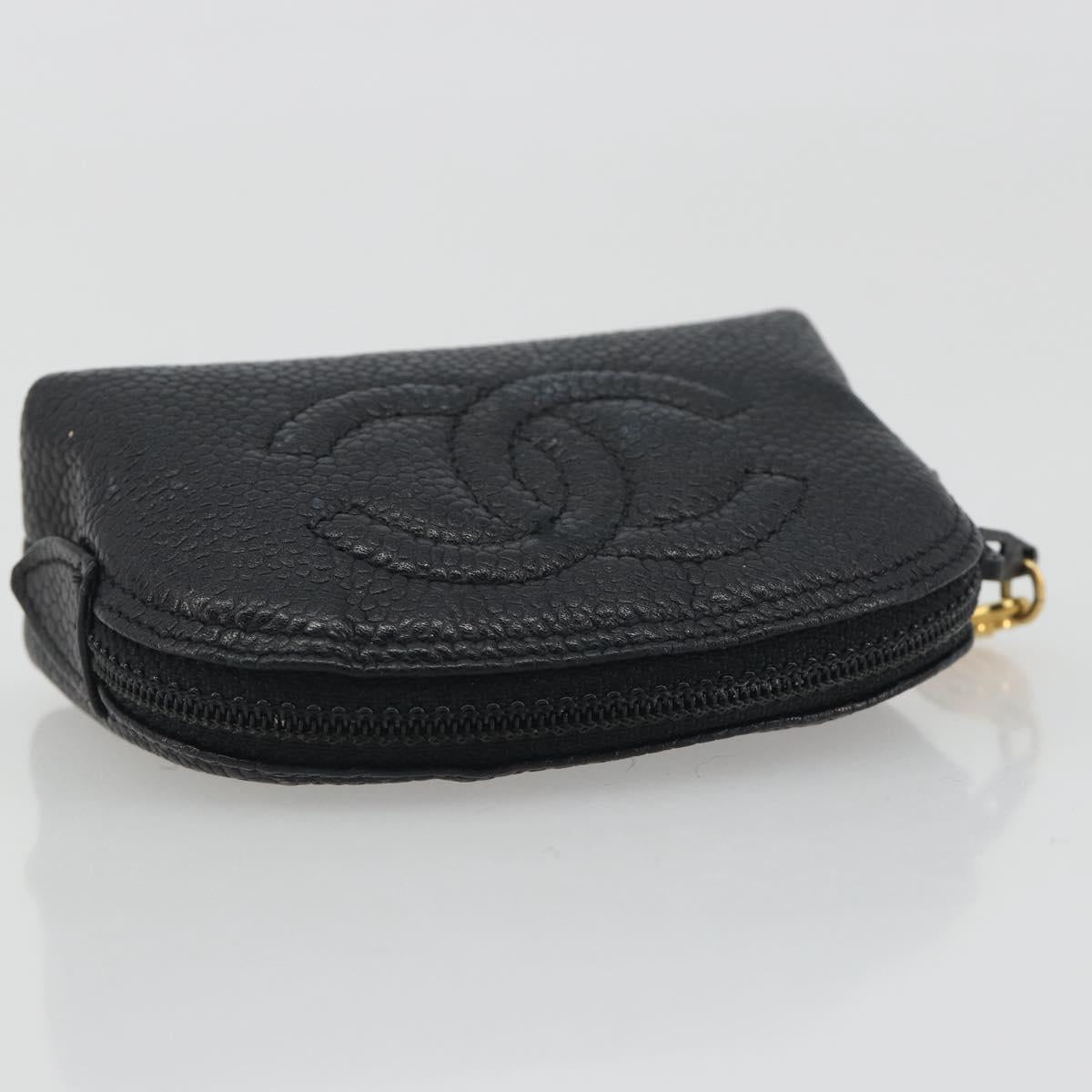 CHANEL COCO Mark Pouch Caviar Skin Black Silver CC Auth bs36657