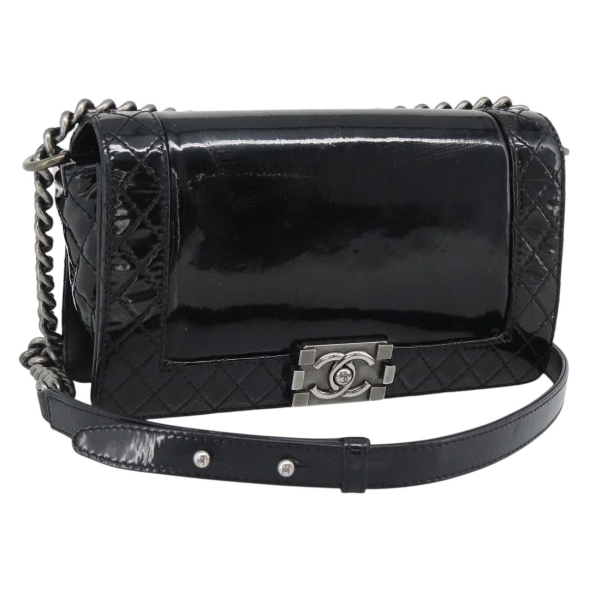 CHANEL Matelasse Boy Chanel Chain Bag Patent leather Black CC Auth bs36658A