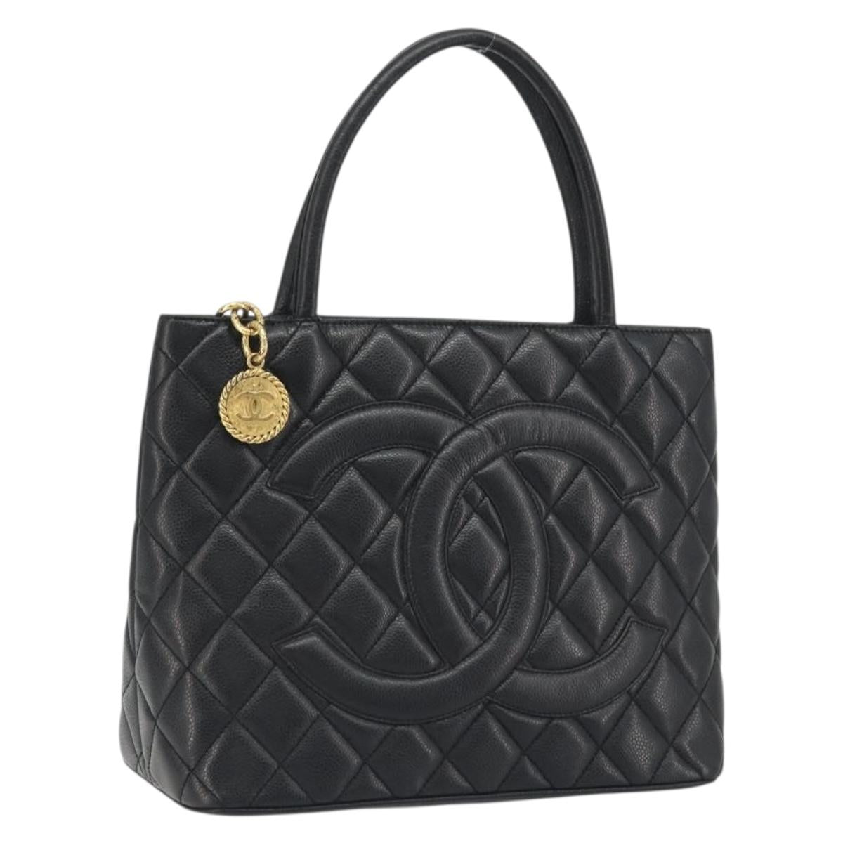 CHANEL Matelasse COCO Mark Bag Caviar Skin Standard Black Gold CC Auth bs36660