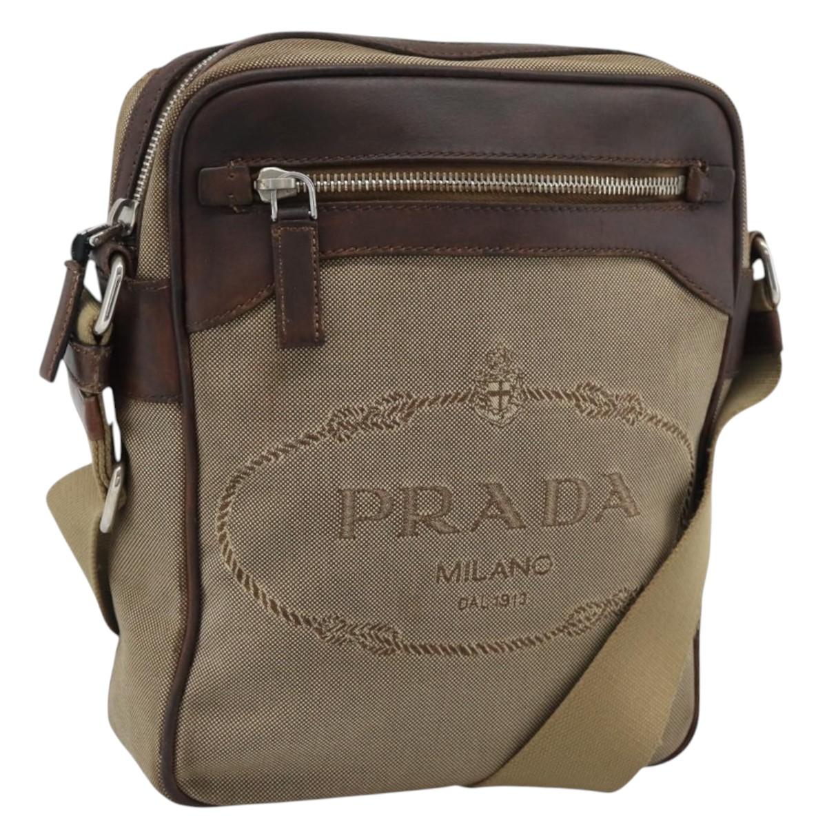 PRADA Shoulder Bag Canvas Beige Silver Auth bs36669