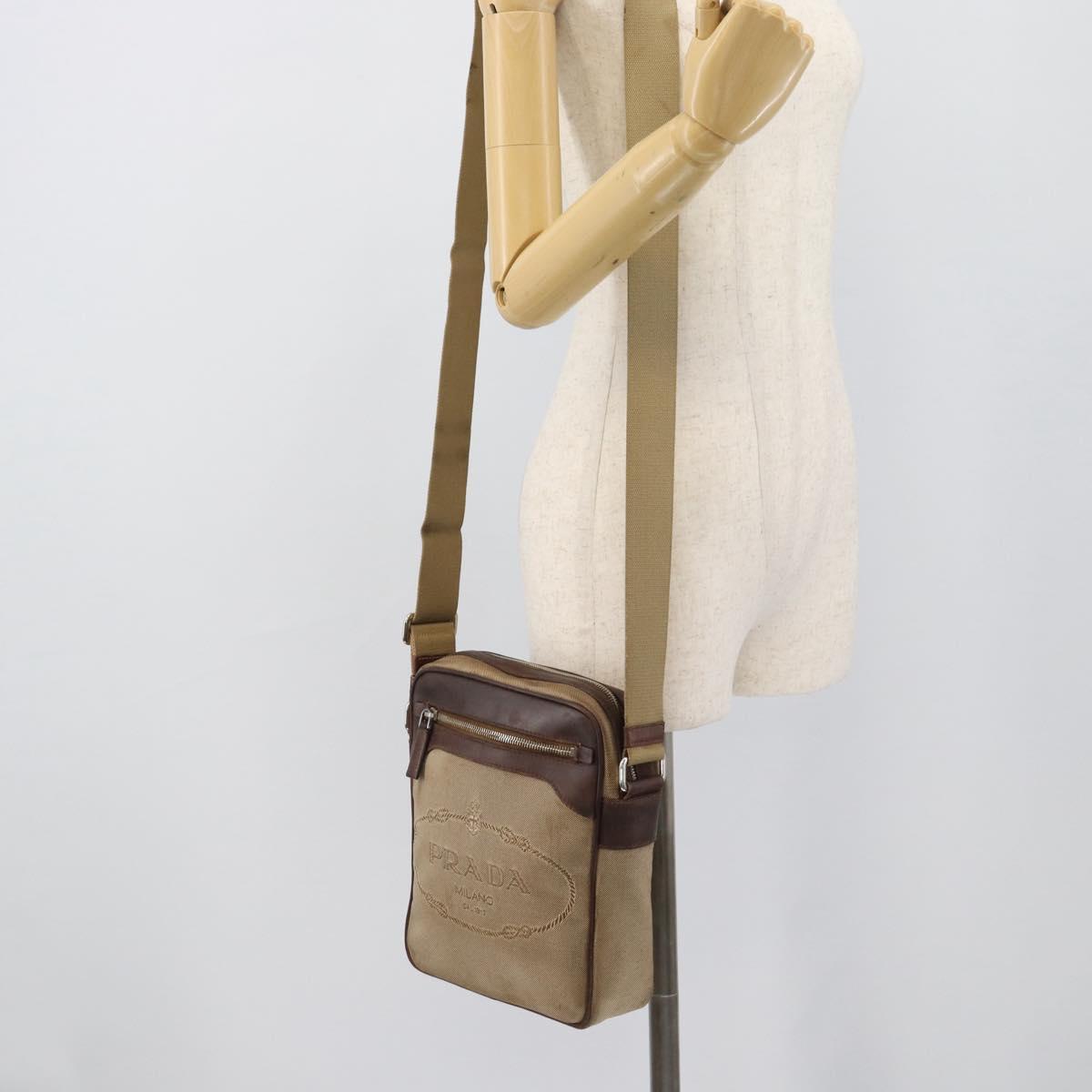 PRADA Shoulder Bag Canvas Beige Silver Auth bs36669
