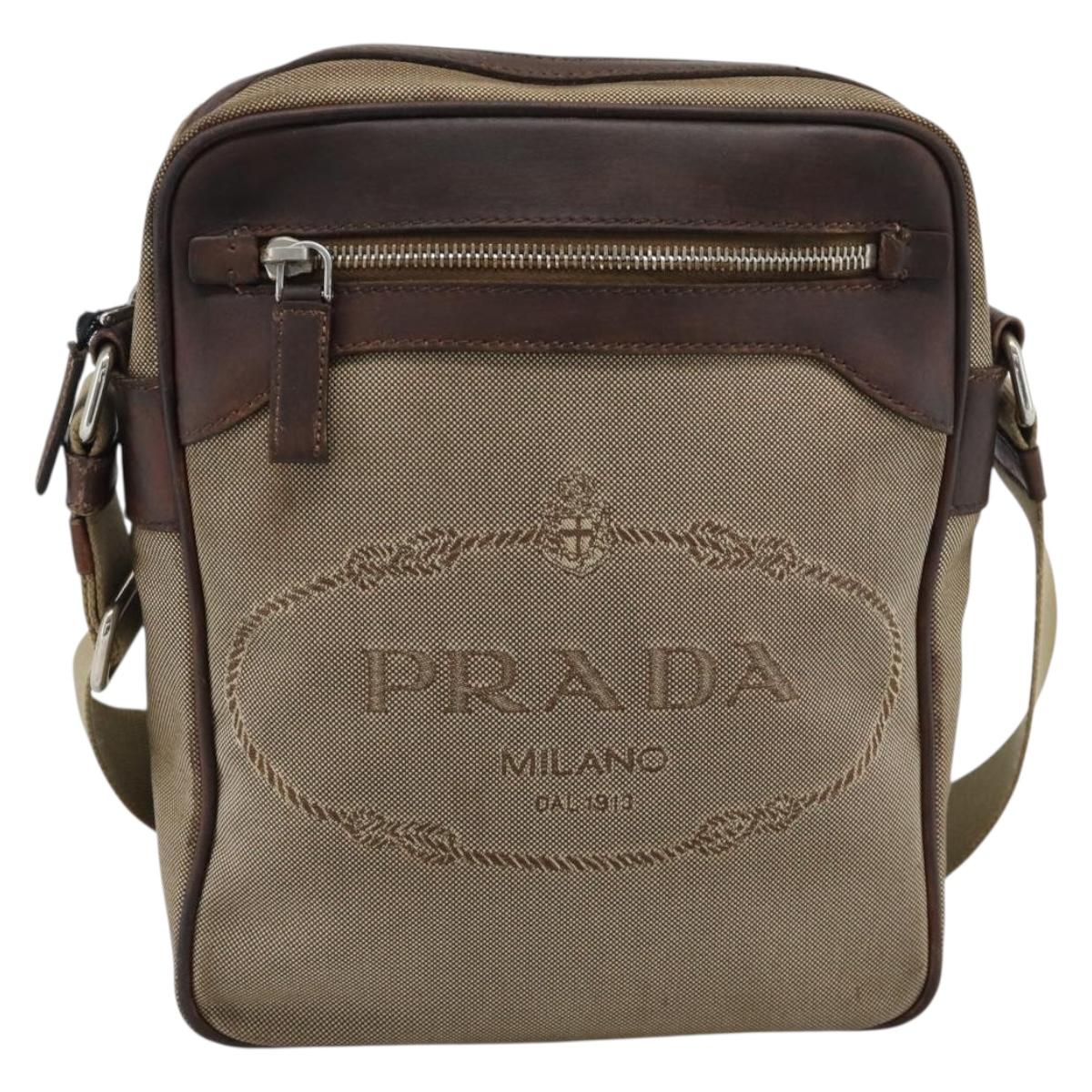 PRADA Shoulder Bag Canvas Beige Silver Auth bs36669