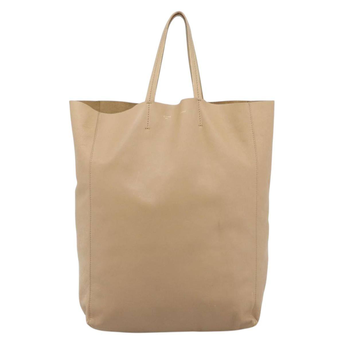 CELINE Vertical Cabas Hand Bag Leather Beige Gold Auth bs36671