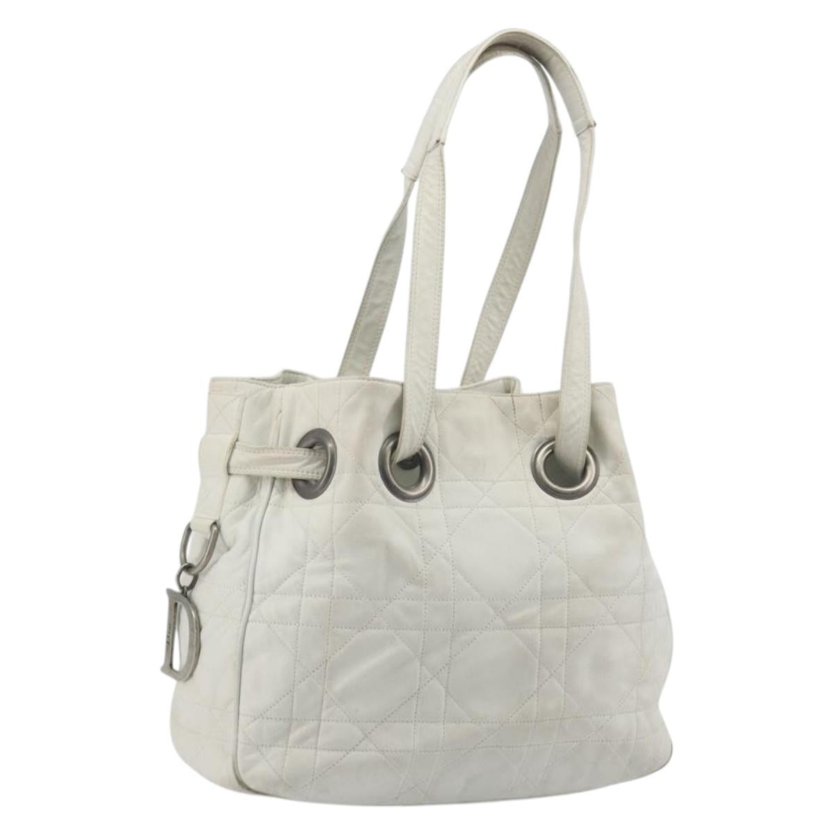 Christian Dior Canage Tote Bag Leather White Silver Auth bs36672A