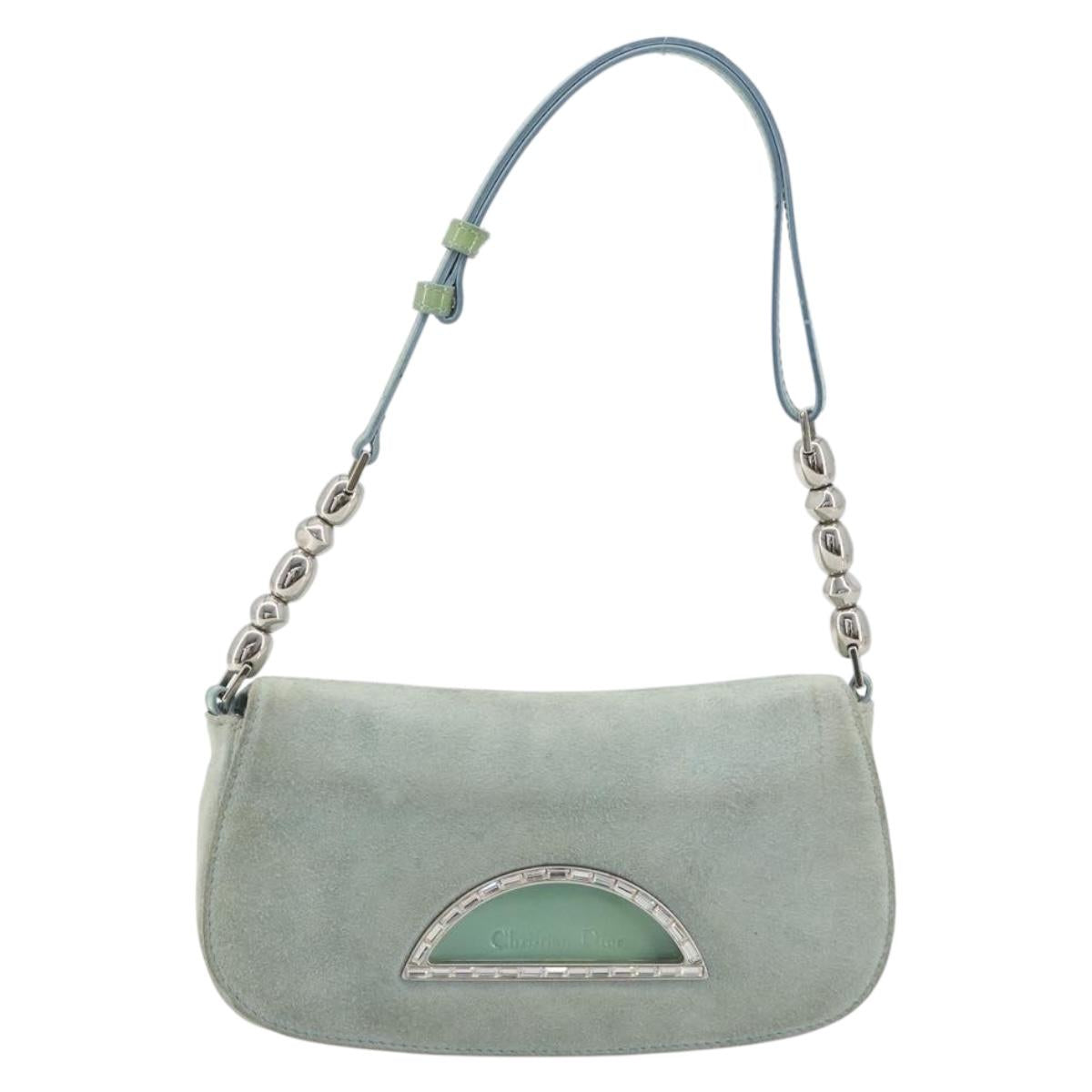 Christian Dior Maris Pearl Hand Bag Suede Light Blue Silver Auth bs36674A