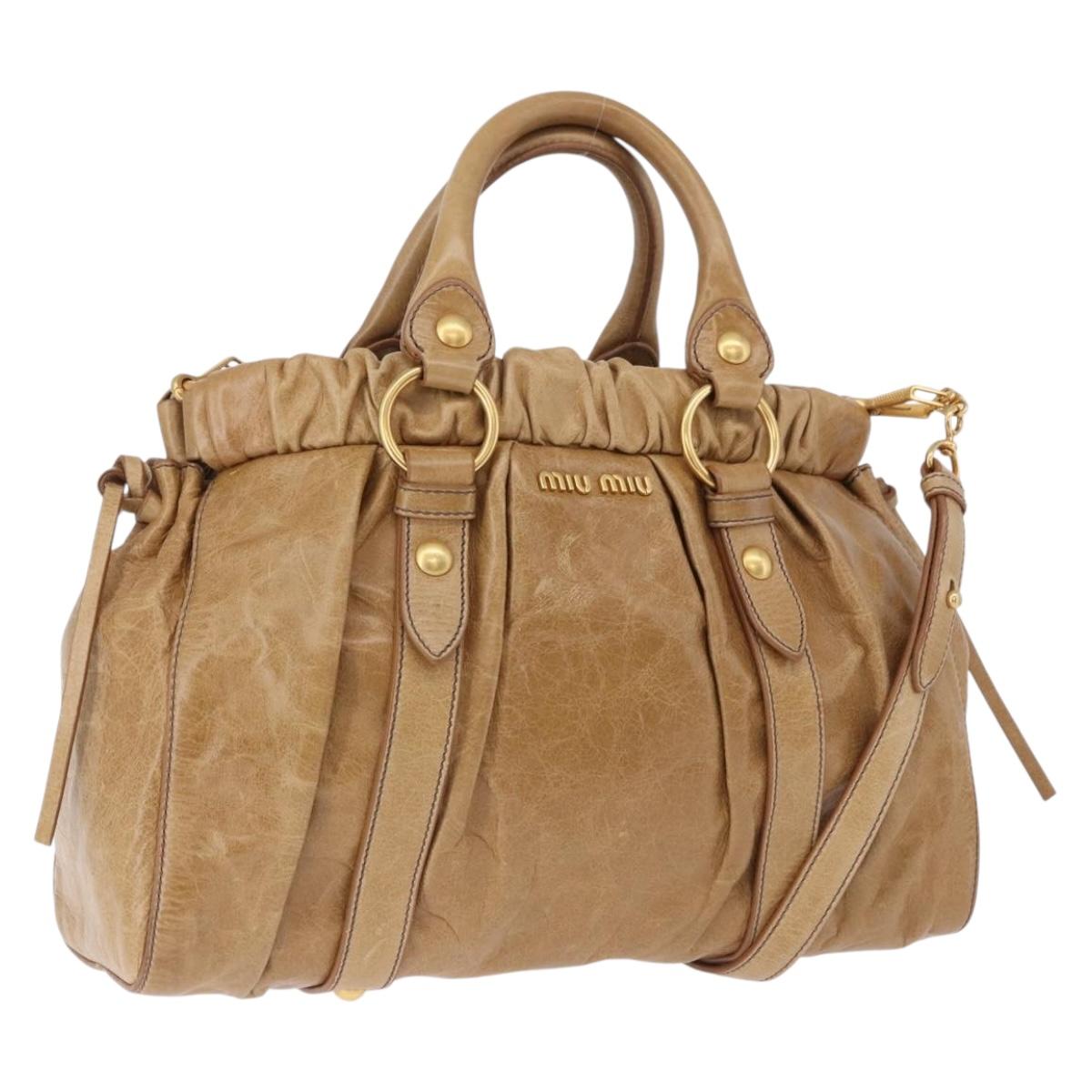 Miu Miu Vitellolux Hand Bag Leather 2way Beige Gold Auth bs36678V