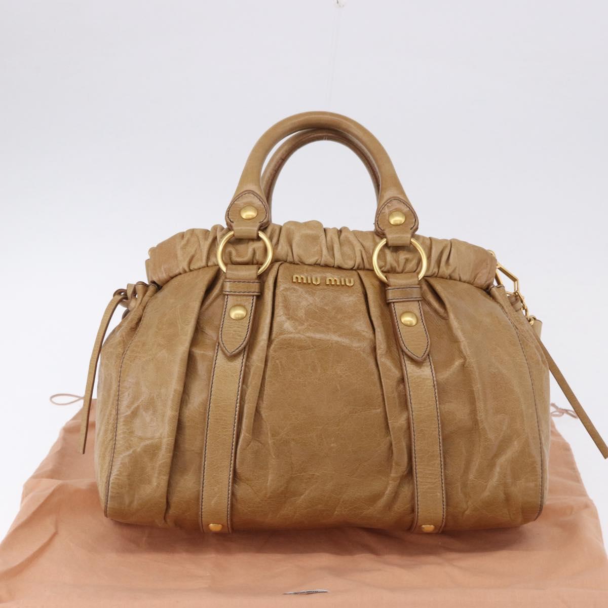 Miu Miu Vitellolux Hand Bag Leather 2way Beige Gold Auth bs36678V