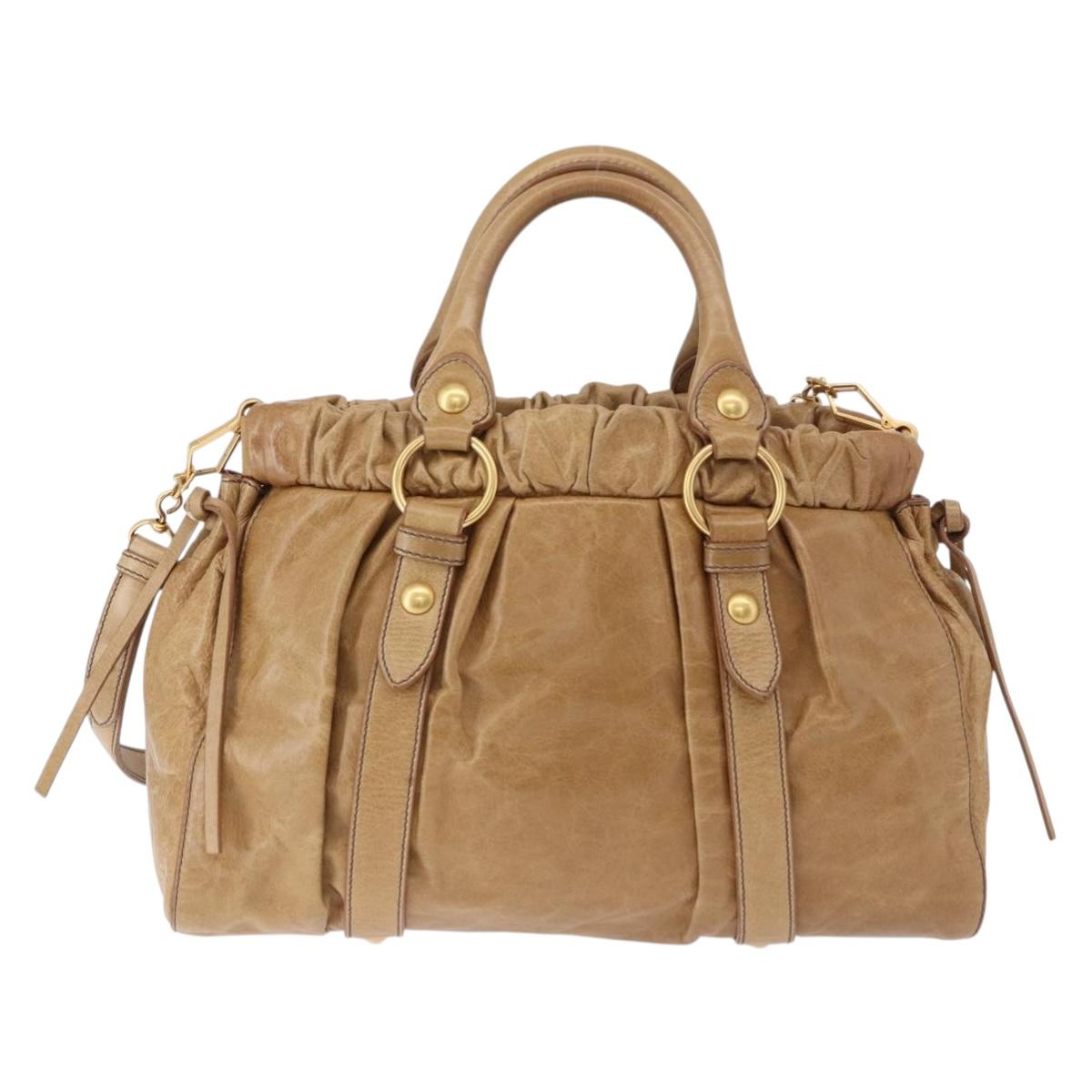 Miu Miu Vitellolux Hand Bag Leather 2way Beige Gold Auth bs36678V