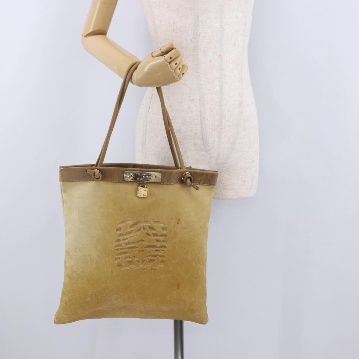 LOEWE Anagram Shoulder Bag Leather Beige Gold Auth bs36682