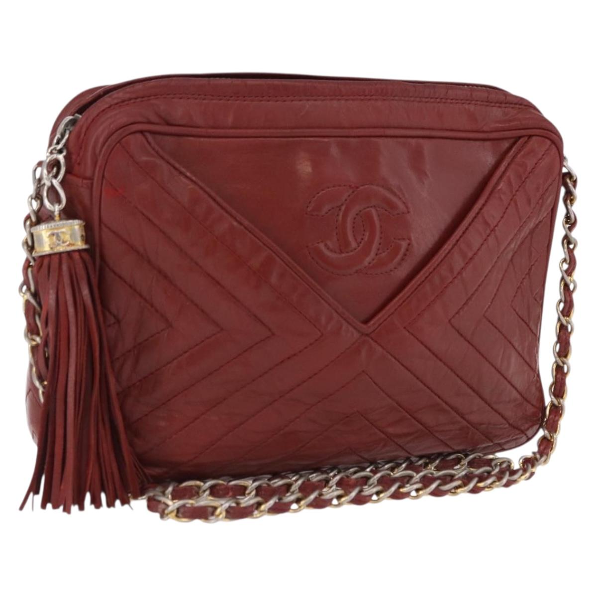 CHANEL Chain Shoulder Bag Lamb Skin Red Gold CC Auth bs36686