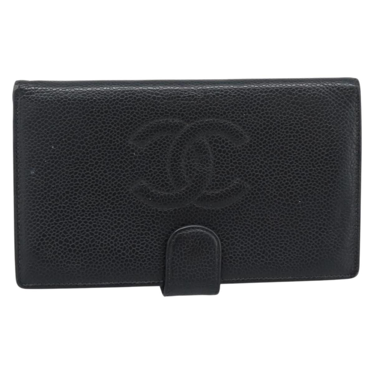 CHANEL Wallet Caviar Skin 2 Set Black CC Auth bs36692