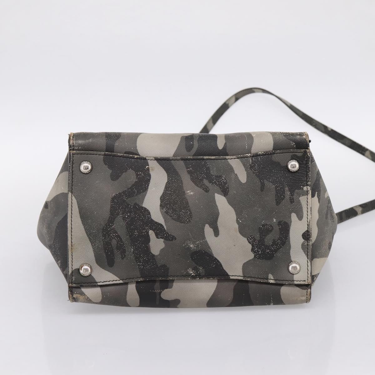 PRADA Camouflage Hand Bag Safiano Leather 2way Khaki Silver Auth bs36711