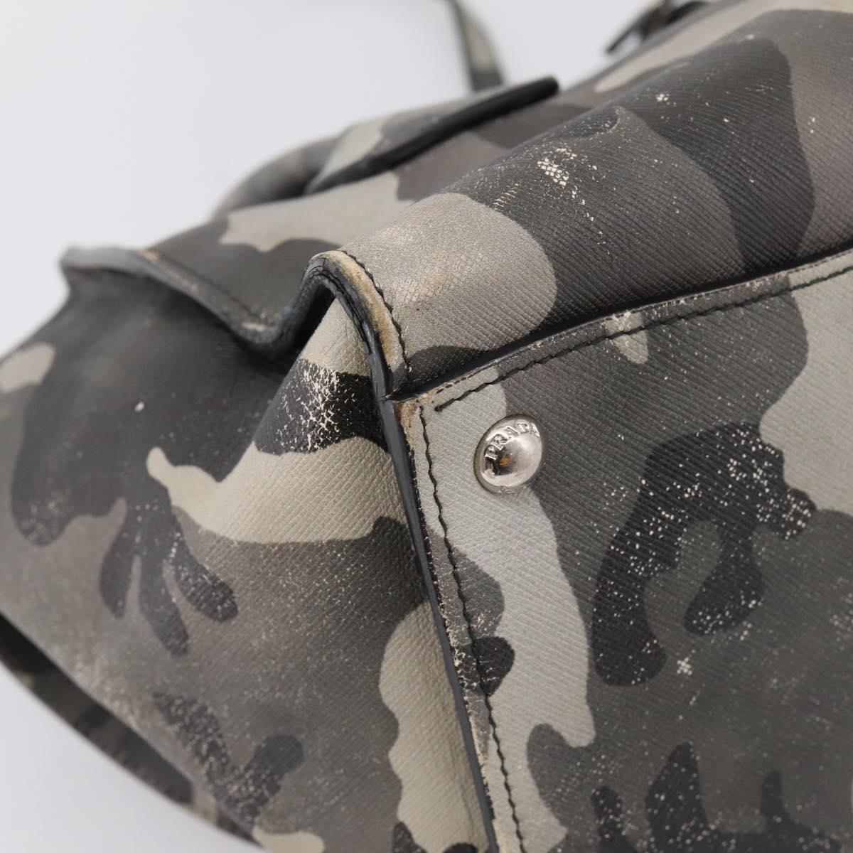 PRADA Camouflage Hand Bag Safiano Leather 2way Khaki Silver Auth bs36711
