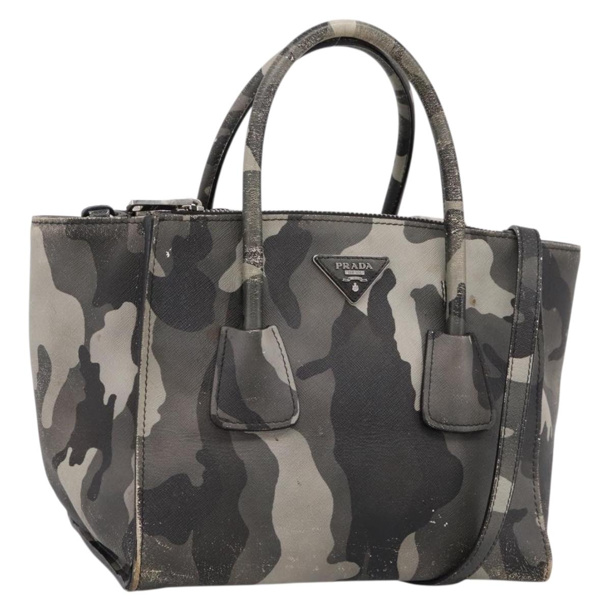 PRADA Camouflage Hand Bag Safiano Leather 2way Khaki Silver Auth bs36711
