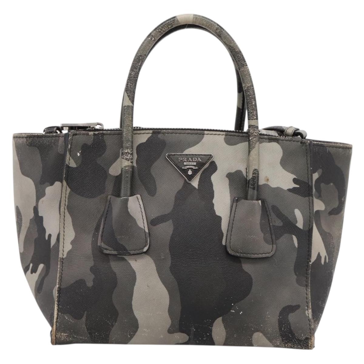 PRADA Camouflage Hand Bag Safiano Leather 2way Khaki Silver Auth bs36711