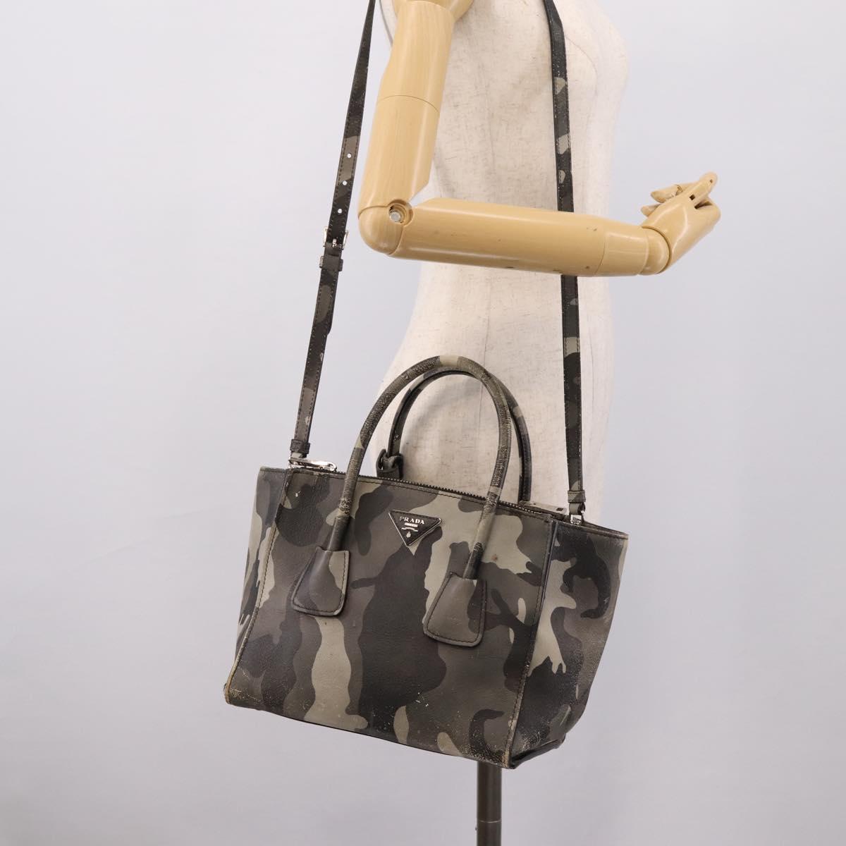 PRADA Camouflage Hand Bag Safiano Leather 2way Khaki Silver Auth bs36711