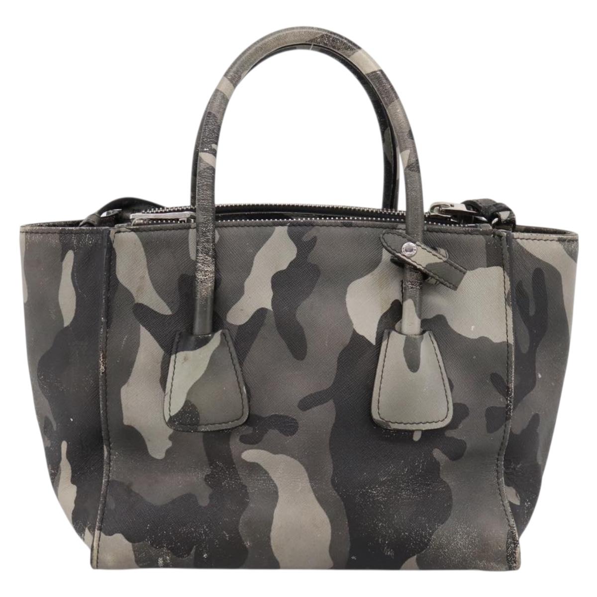 PRADA Camouflage Hand Bag Safiano Leather 2way Khaki Silver Auth bs36711