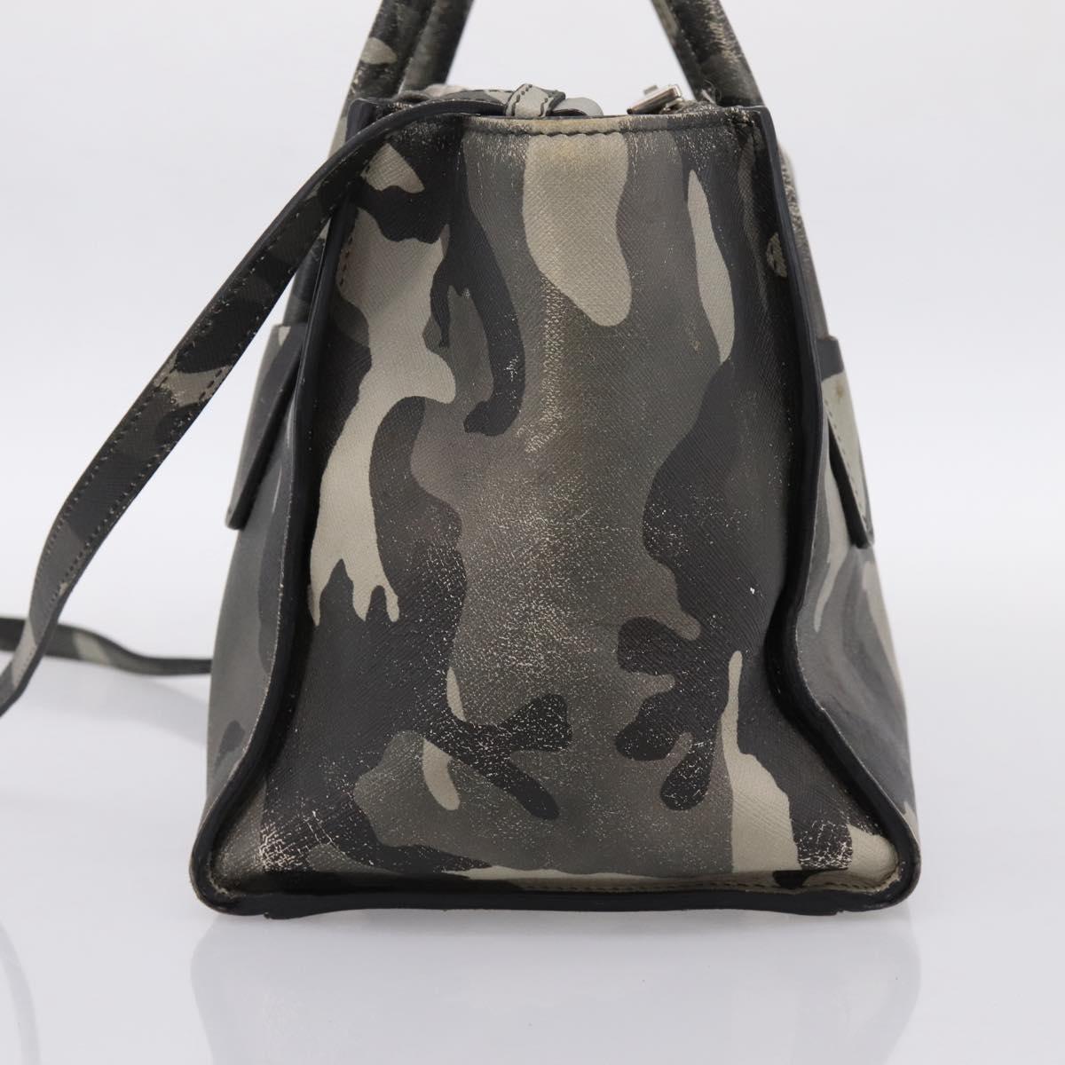 PRADA Camouflage Hand Bag Safiano Leather 2way Khaki Silver Auth bs36711