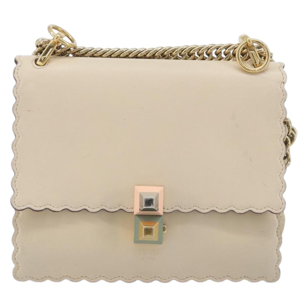 FENDI Chain Shoulder Bag Leather Beige Gold Auth bs36715
