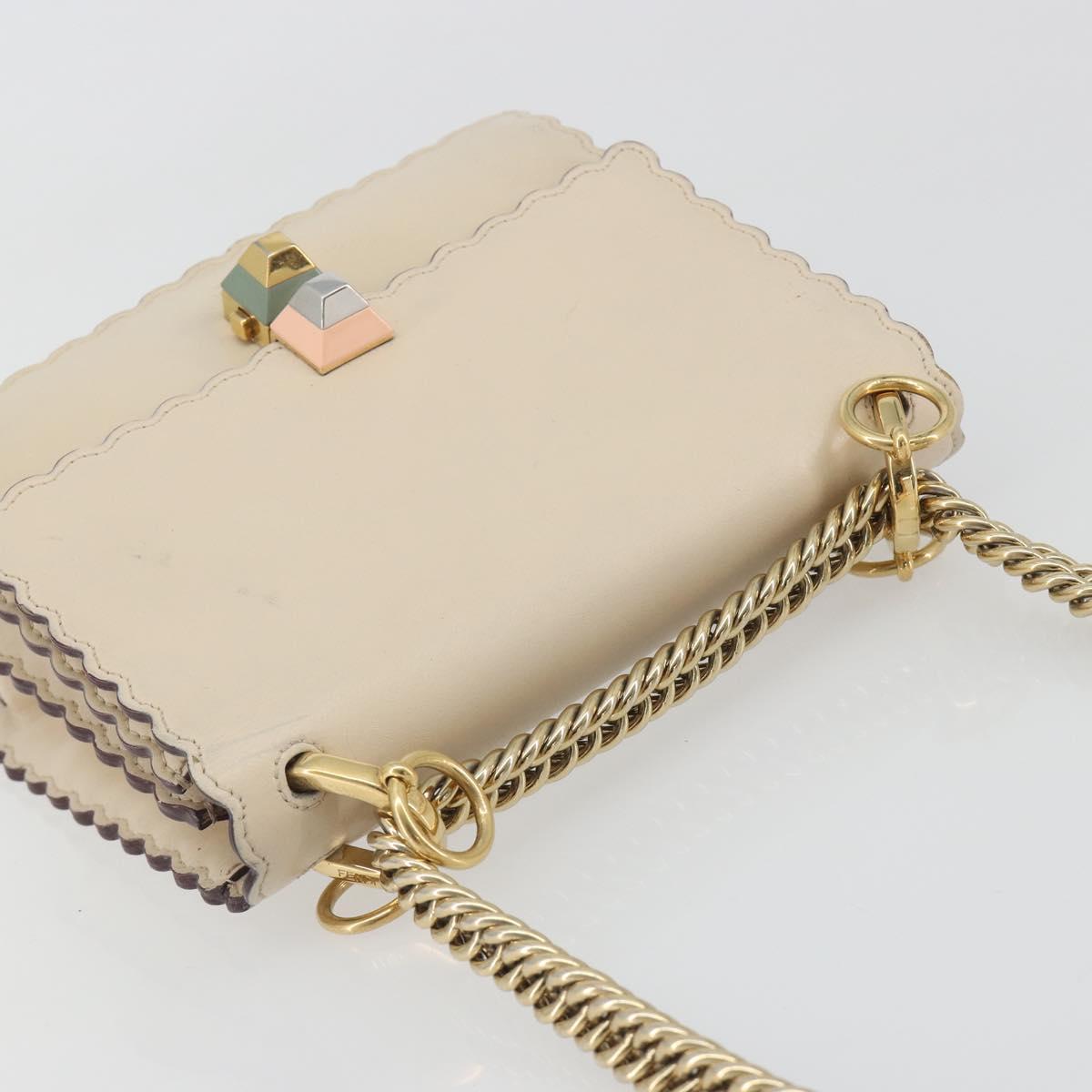FENDI Chain Shoulder Bag Leather Beige Gold Auth bs36715