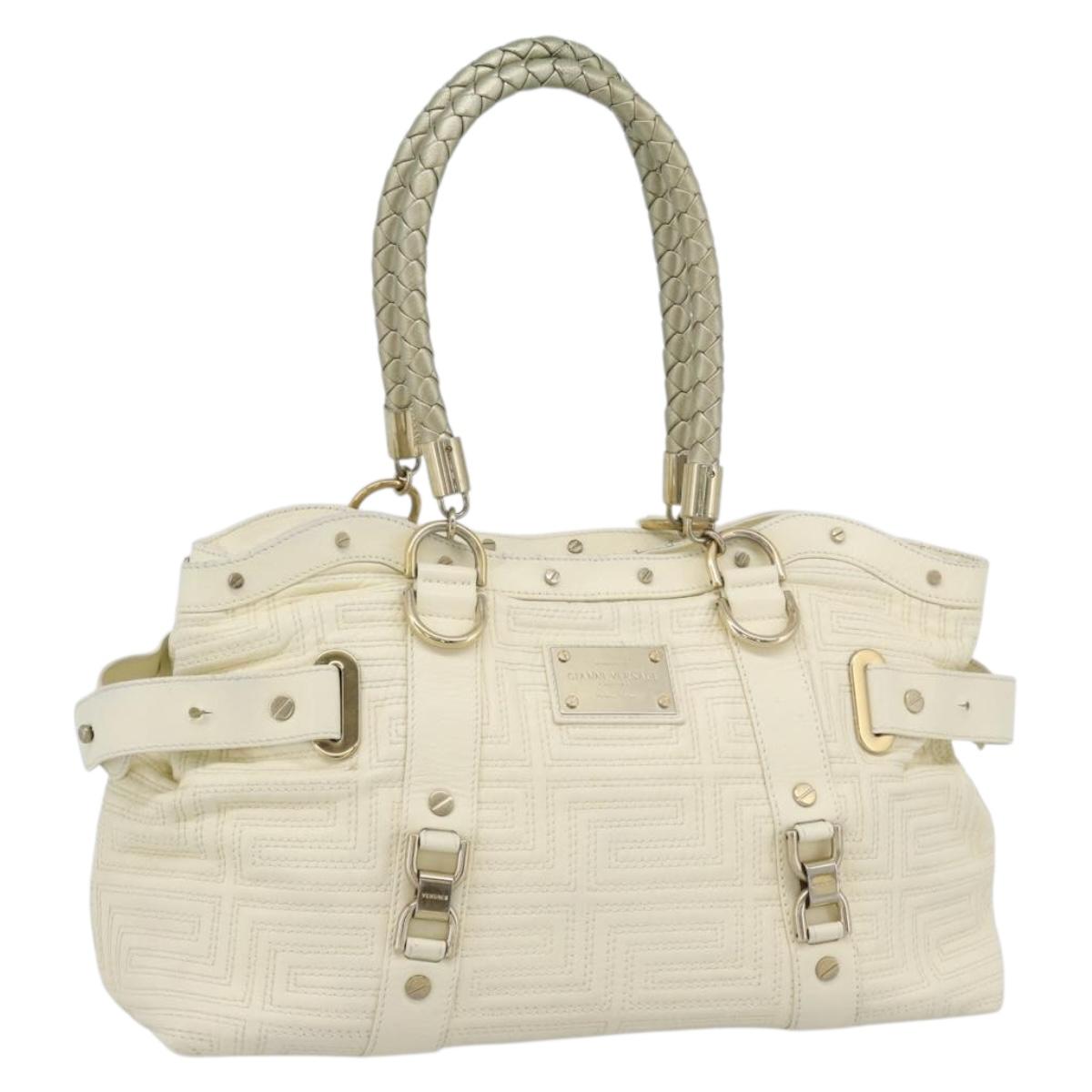 Gianni Versace Boston Bag Leather White Gold Auth bs36717